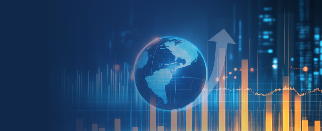 Globe with bar charts and upward arrow showing global market growth