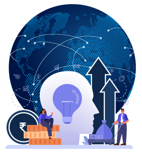 Global investment concept with a digital globe, lightbulb, coins, upward arrows, and business figures