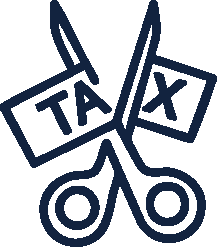 Icon of scissors cutting tax, symbolizing tax reduction.