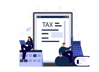 Graphic showing digital tax form, calendar, and calculator representing tax planning.